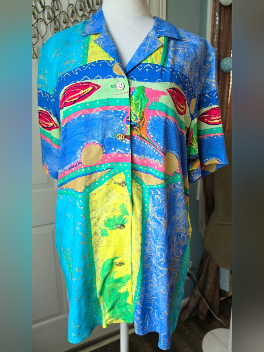 Vintg 80s 90s Artsy Maximalist Button-down Tee Blouse Womens M by Bonnie Boynton